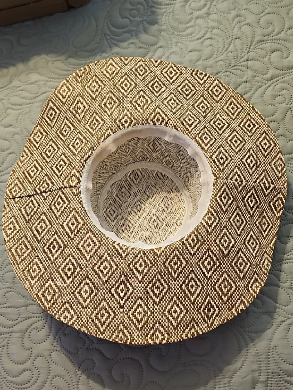 Wide-Brim Woven Sun Hat in Brown and White Diamond Pattern